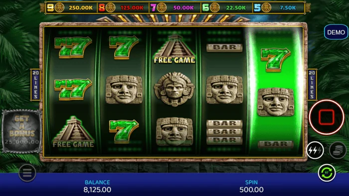 Mayan Madness – žaidimo ekranas su būgnais ir linijomis